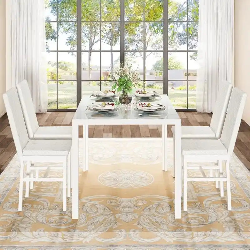 Ensemble de salle à manger 5 pièces Grondin Modern Style avec table en verre trempé et 4 chaises de salle à manger en cuir PU à surpiqûres losanges