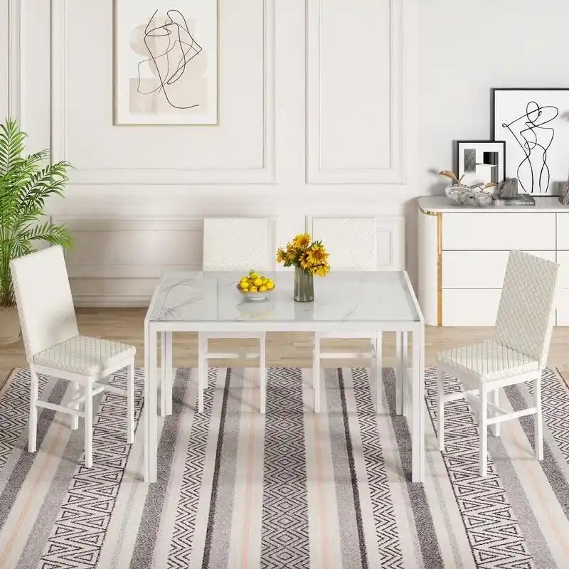 Ensemble de salle à manger 5 pièces Grondin Modern Style avec table en verre trempé et 4 chaises de salle à manger en cuir PU à surpiqûres losanges
