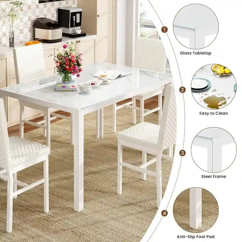 Ensemble de salle à manger 5 pièces Grondin Modern Style avec table en verre trempé et 4 chaises de salle à manger en cuir PU à surpiqûres losanges