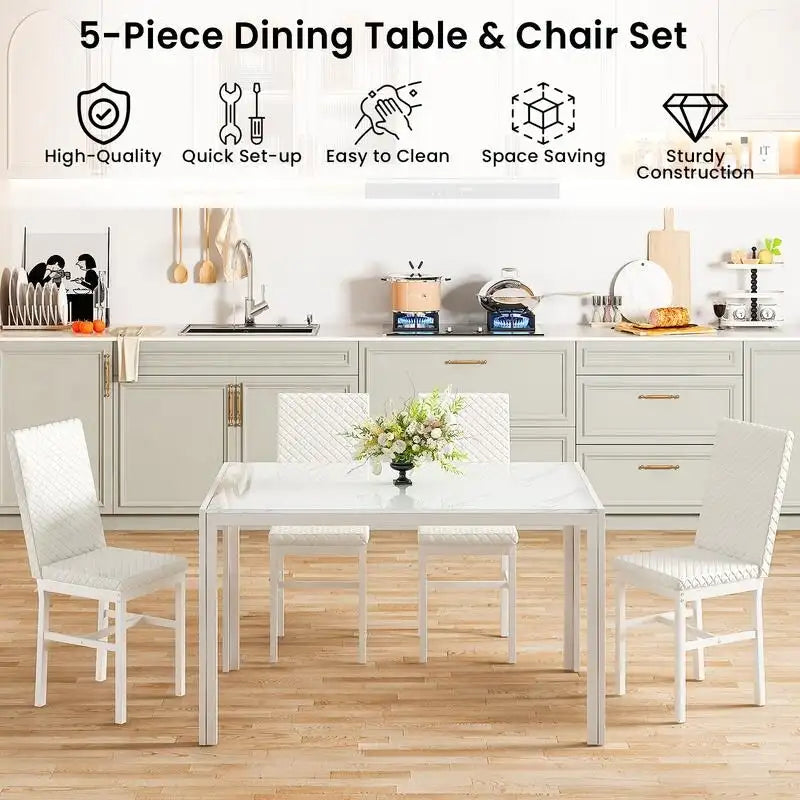 Ensemble de salle à manger 5 pièces Grondin Modern Style avec table en verre trempé et 4 chaises de salle à manger en cuir PU à surpiqûres losanges