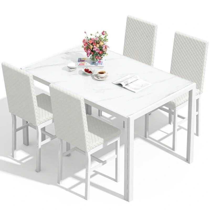 Ensemble de salle à manger 5 pièces Grondin Modern Style avec table en verre trempé et 4 chaises de salle à manger en cuir PU à surpiqûres losanges