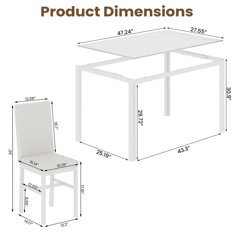 Ensemble de salle à manger 5 pièces Grondin Modern Style avec table en verre trempé et 4 chaises de salle à manger en cuir PU à surpiqûres losanges