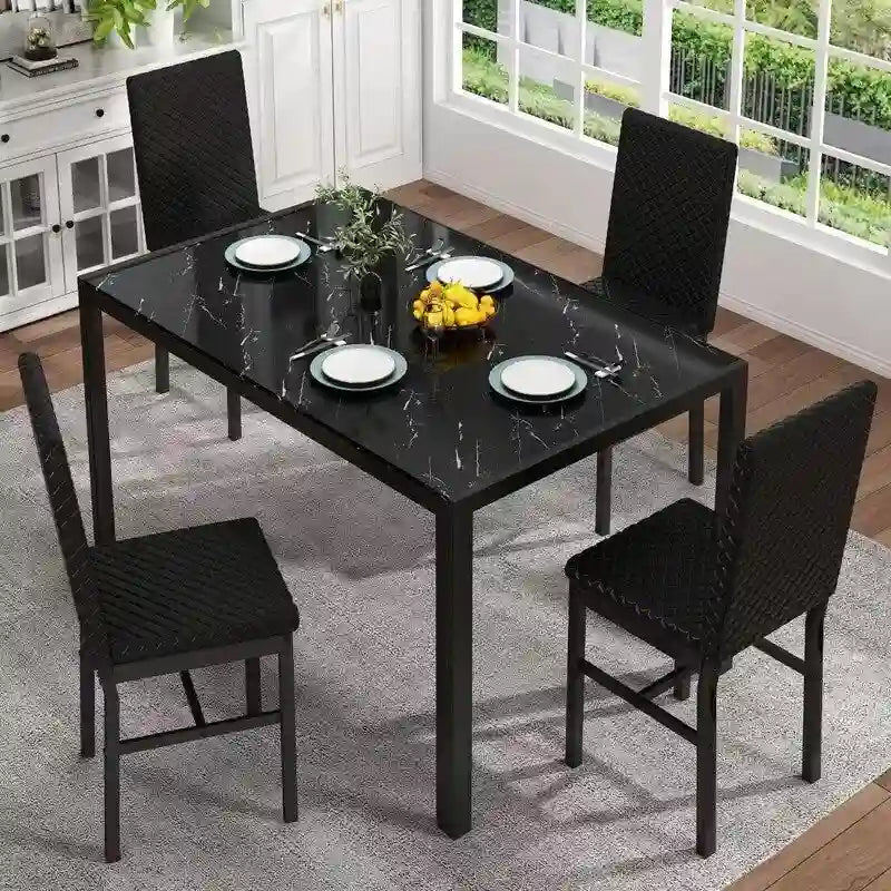 Ensemble de salle à manger 5 pièces Grondin Modern Style avec table en verre trempé et 4 chaises de salle à manger en cuir PU à surpiqûres losanges