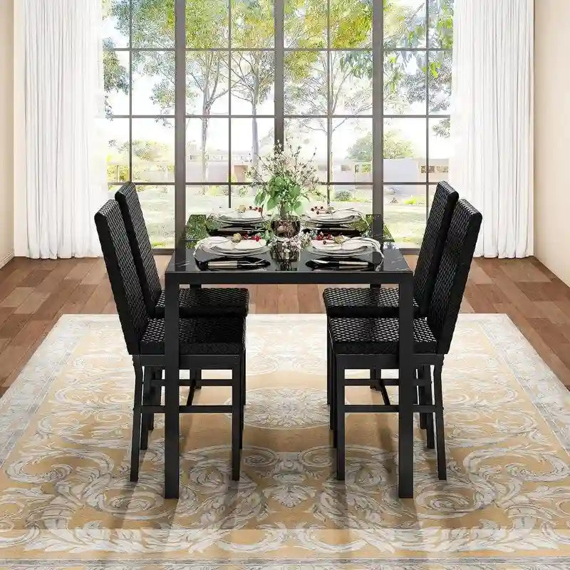 Ensemble de salle à manger 5 pièces Grondin Modern Style avec table en verre trempé et 4 chaises de salle à manger en cuir PU à surpiqûres losanges