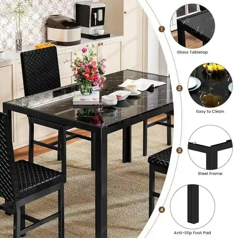 Ensemble de salle à manger 5 pièces Grondin Modern Style avec table en verre trempé et 4 chaises de salle à manger en cuir PU à surpiqûres losanges