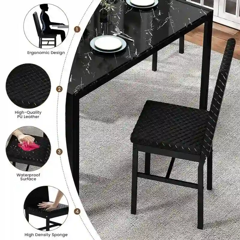 Ensemble de salle à manger 5 pièces Grondin Modern Style avec table en verre trempé et 4 chaises de salle à manger en cuir PU à surpiqûres losanges