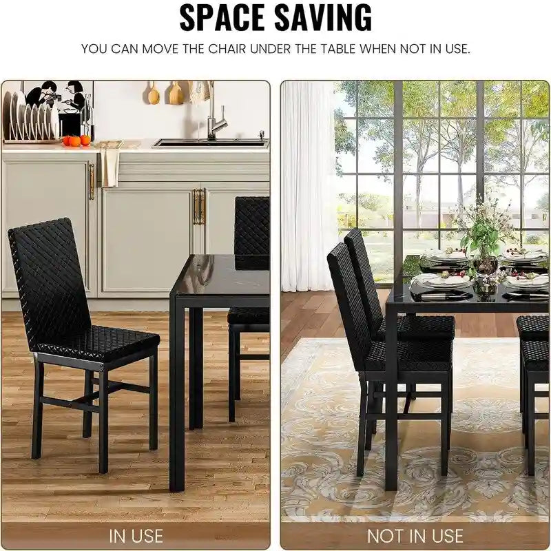 Ensemble de salle à manger 5 pièces Grondin Modern Style avec table en verre trempé et 4 chaises de salle à manger en cuir PU à surpiqûres losanges