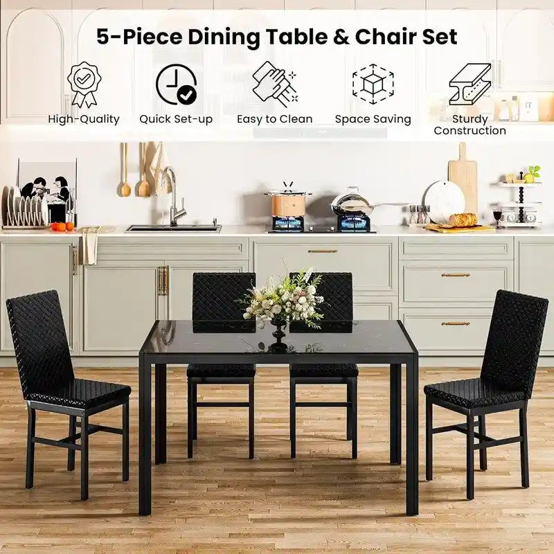 Ensemble de salle à manger 5 pièces Grondin Modern Style avec table en verre trempé et 4 chaises de salle à manger en cuir PU à surpiqûres losanges