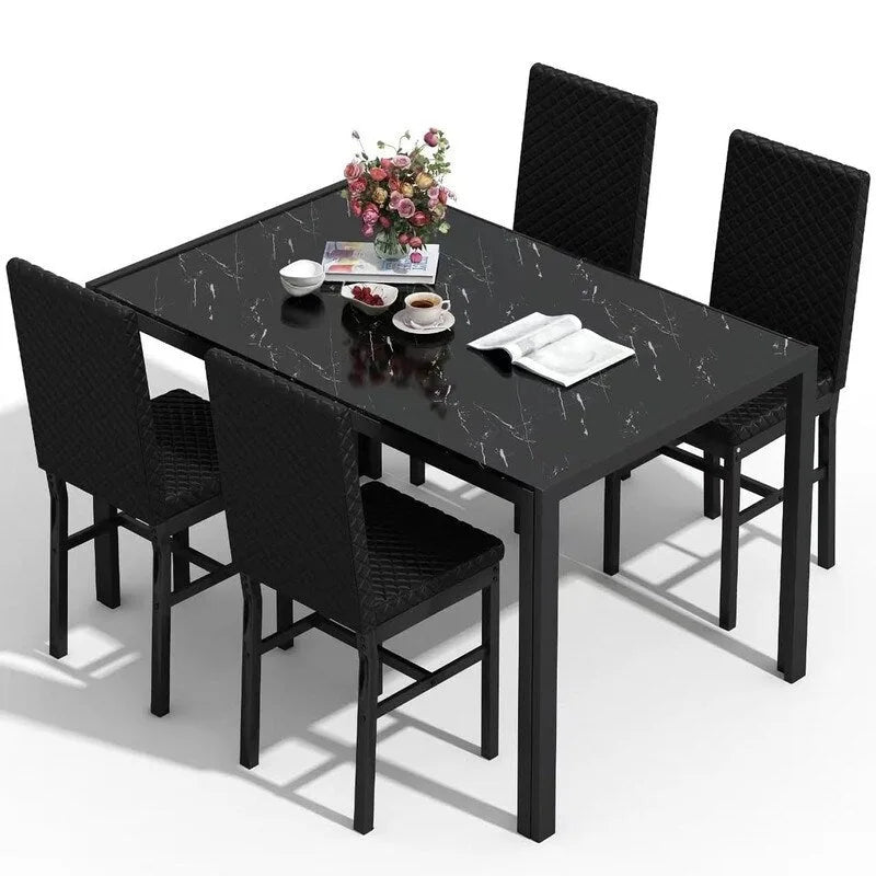 Ensemble de salle à manger 5 pièces Grondin Modern Style avec table en verre trempé et 4 chaises de salle à manger en cuir PU à surpiqûres losanges