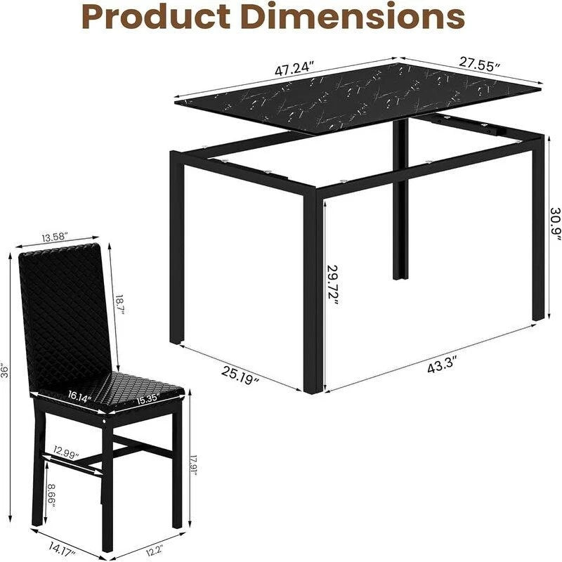 Ensemble de salle à manger 5 pièces Grondin Modern Style avec table en verre trempé et 4 chaises de salle à manger en cuir PU à surpiqûres losanges