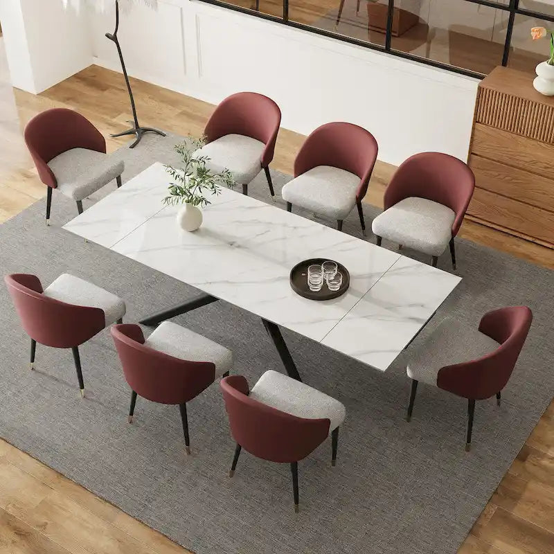 Ensemble de salle à manger rectangulaire extensible en pierre frittée à pieds croisés de 9 pièces avec 8 chaises pour la maison ou la villa