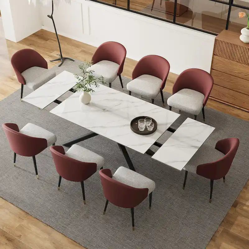 Ensemble de salle à manger rectangulaire extensible en pierre frittée à pieds croisés de 9 pièces avec 8 chaises pour la maison ou la villa