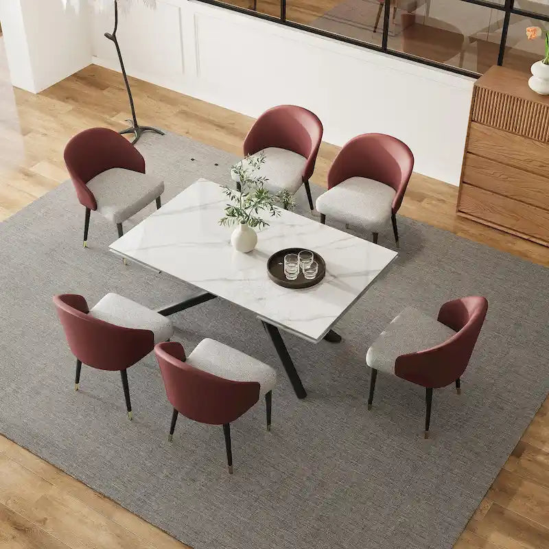 Ensemble de salle à manger rectangulaire extensible en pierre frittée à pieds croisés de 9 pièces avec 8 chaises pour la maison ou la villa