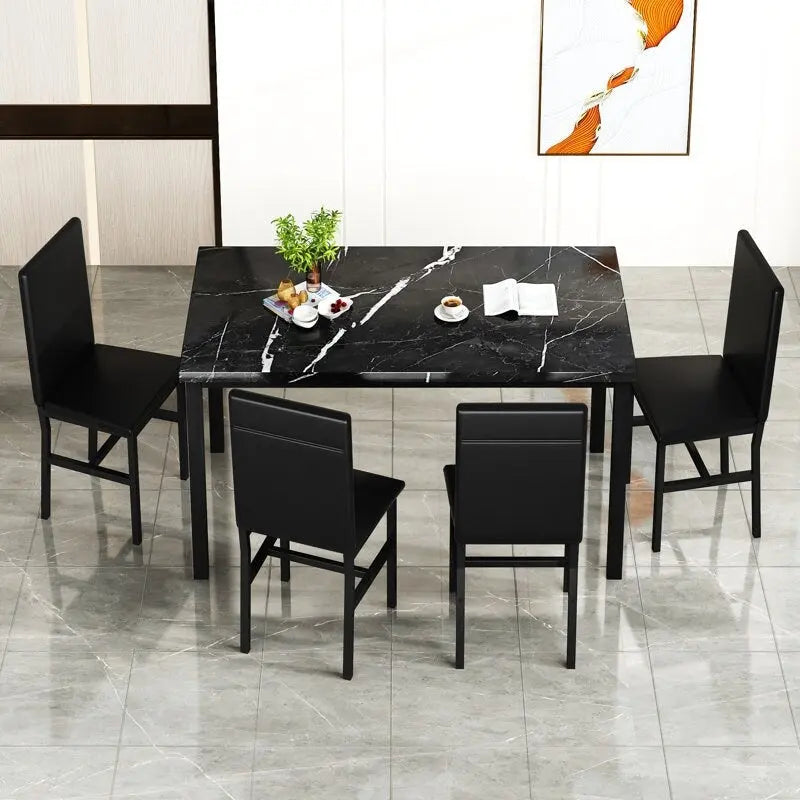 Table et chaises de cuisine aspect marbre pour 4 personnes, ensemble de salle à manger 4 places pour petits espaces, coin repas, salon