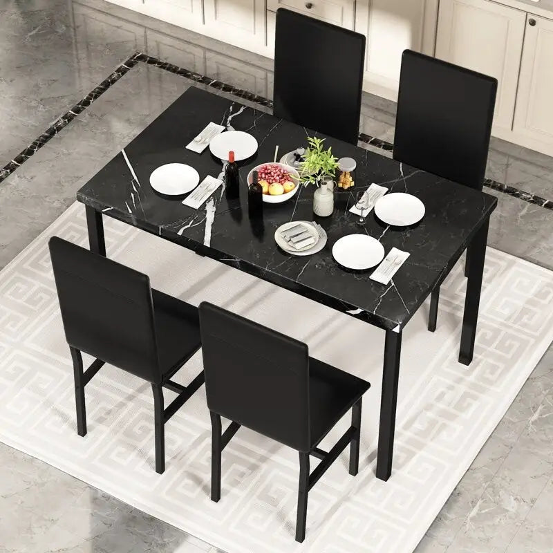 Table et chaises de cuisine aspect marbre pour 4 personnes, ensemble de salle à manger 4 places pour petits espaces, coin repas, salon