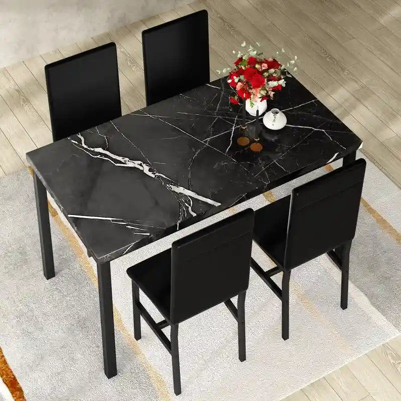 Table et chaises de cuisine aspect marbre pour 4 personnes, ensemble de salle à manger 4 places pour petits espaces, coin repas, salon