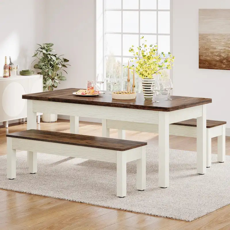 Ensemble de table à manger 55 pouces pour 4-6 personnes, table de cuisine en bois avec 2 bancs