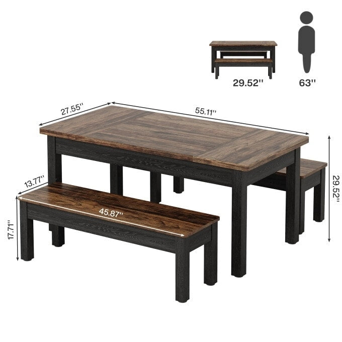 Ensemble de table à manger 55 pouces pour 4-6 personnes, table de cuisine en bois avec 2 bancs