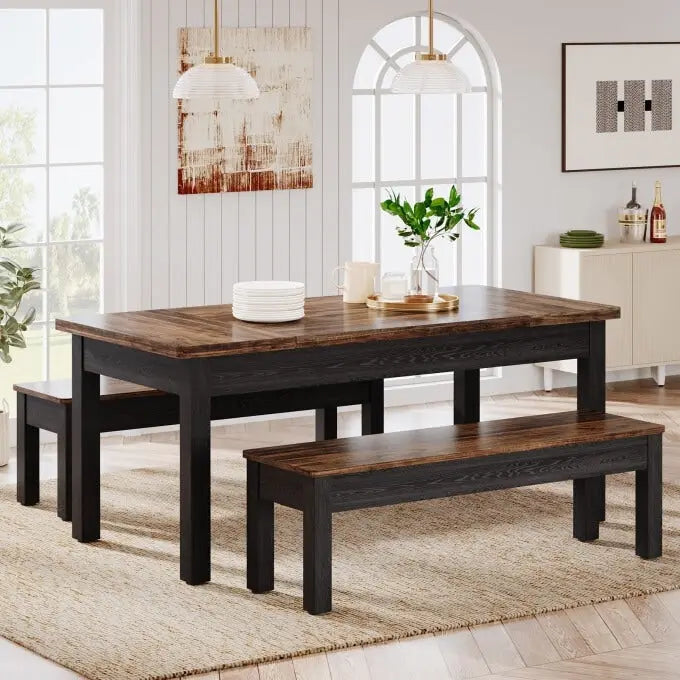 Ensemble de table à manger 55 pouces pour 4-6 personnes, table de cuisine en bois avec 2 bancs