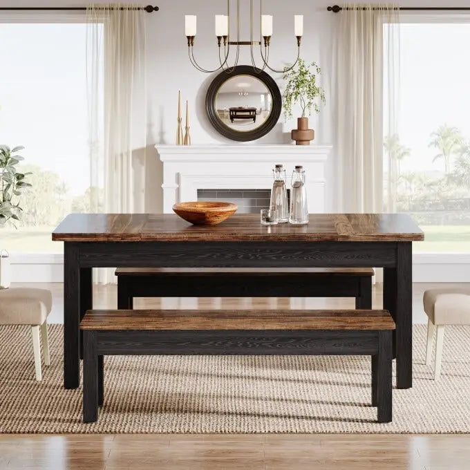 Ensemble de table à manger 55 pouces pour 4-6 personnes, table de cuisine en bois avec 2 bancs