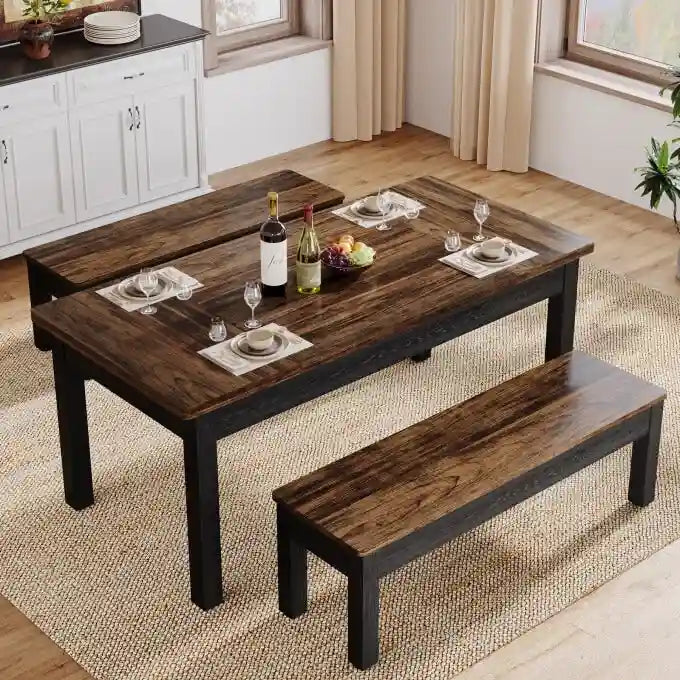 Ensemble de table à manger 55 pouces pour 4-6 personnes, table de cuisine en bois avec 2 bancs