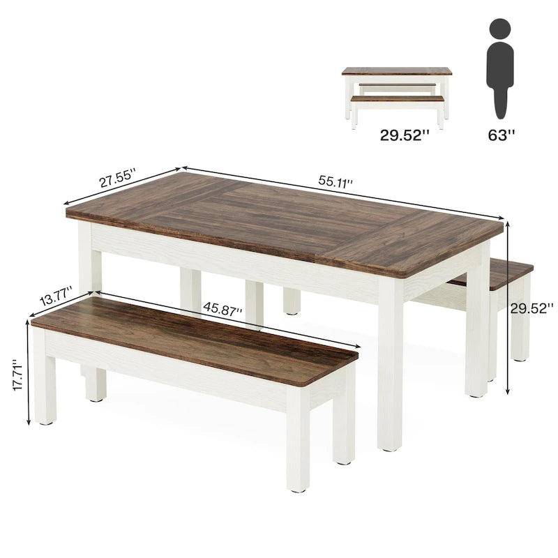 Ensemble de table à manger 55 pouces pour 4-6 personnes, table de cuisine en bois avec 2 bancs