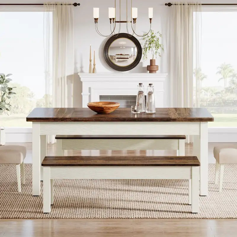 Ensemble de table à manger 55 pouces pour 4-6 personnes, table de cuisine en bois avec 2 bancs