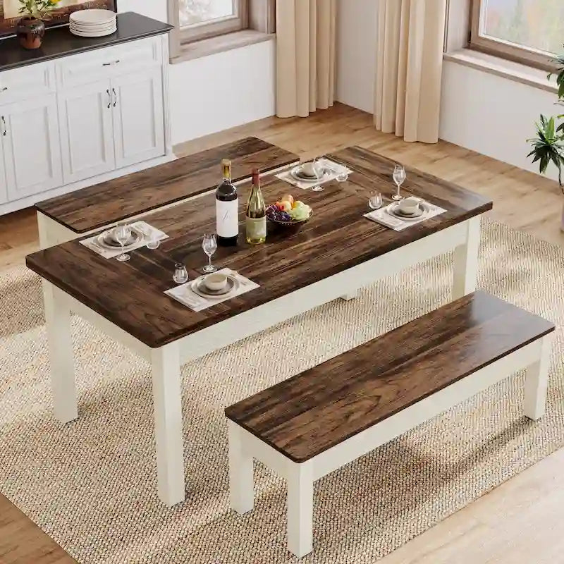 Ensemble de table à manger 55 pouces pour 4-6 personnes, table de cuisine en bois avec 2 bancs