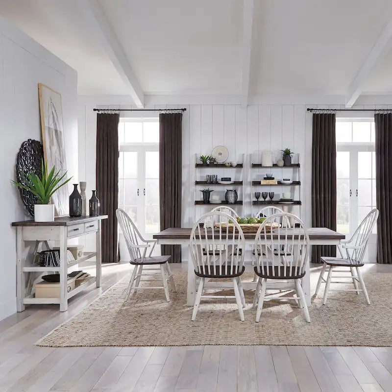 Ensemble de salle à manger 7 pièces avec table tréteau bicolore bois et blanc au style rustique