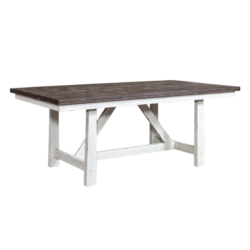 Ensemble de salle à manger 7 pièces avec table tréteau bicolore bois et blanc au style rustique