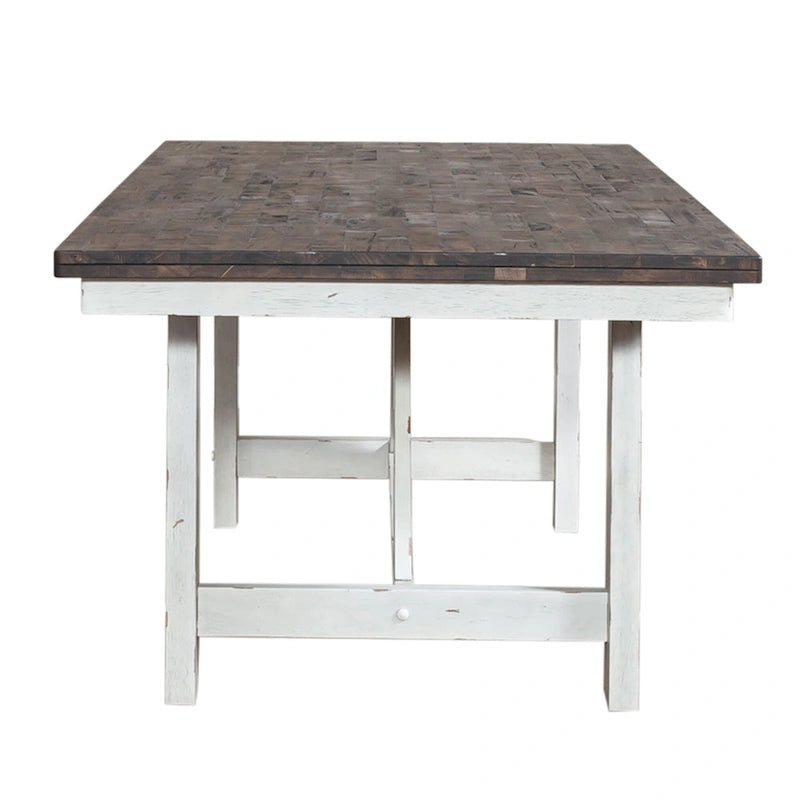 Ensemble de salle à manger 7 pièces avec table tréteau bicolore bois et blanc au style rustique