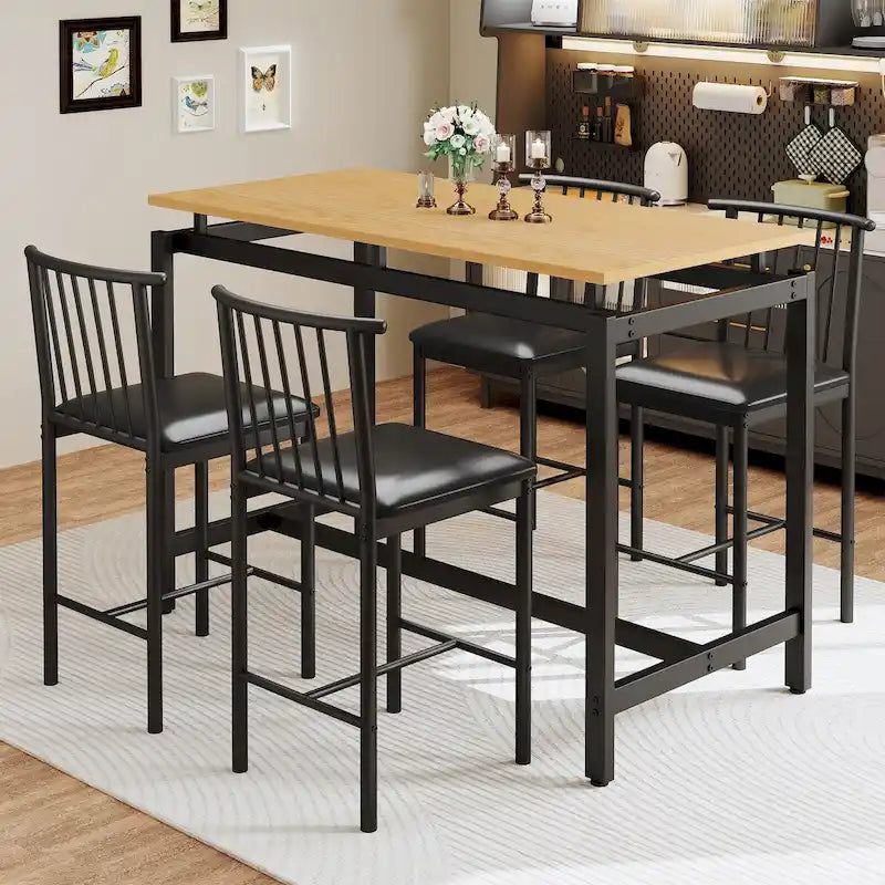 Ensemble de salle à manger 5 pièces, ensemble table de bar, tabourets en PU avec dossier