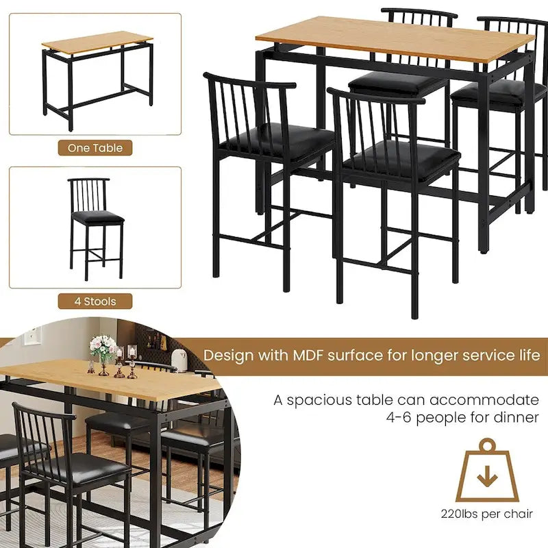 Ensemble de salle à manger 5 pièces, ensemble table de bar, tabourets en PU avec dossier