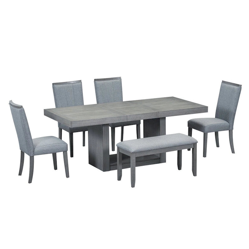 Ensemble de salle à manger contemporain de 6 pièces avec table à rallonge de 198 cm et pied central