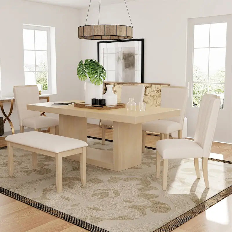 Ensemble de salle à manger contemporain de 6 pièces avec table à rallonge de 198 cm et pied central