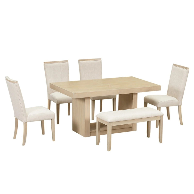 Ensemble de salle à manger contemporain de 6 pièces avec table à rallonge de 198 cm et pied central