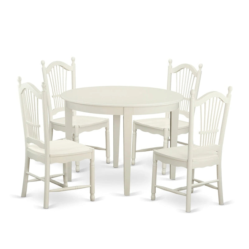 East West Furniture – Ensemble de salle à manger 5 pièces pour 4 personnes, comprenant une table de salle à manger ronde et 4 chaises de cuisine, blanc lin.