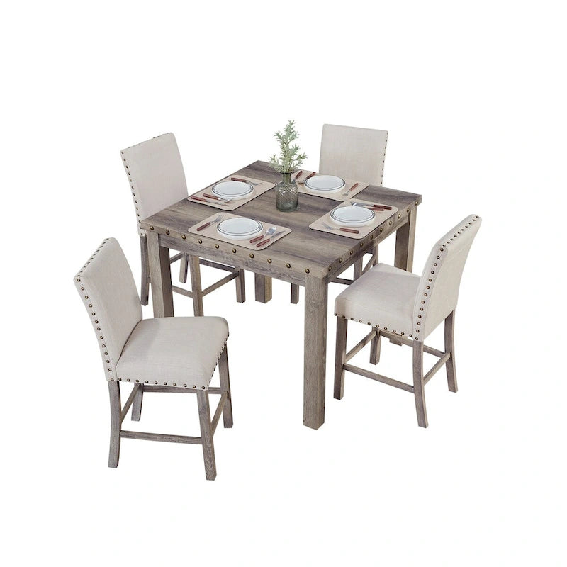 Ensemble de 5 pièces Morden Fort, style ferme, avec table de bar carrée et 4 tabourets de bar rembourrés, pour salle à manger.