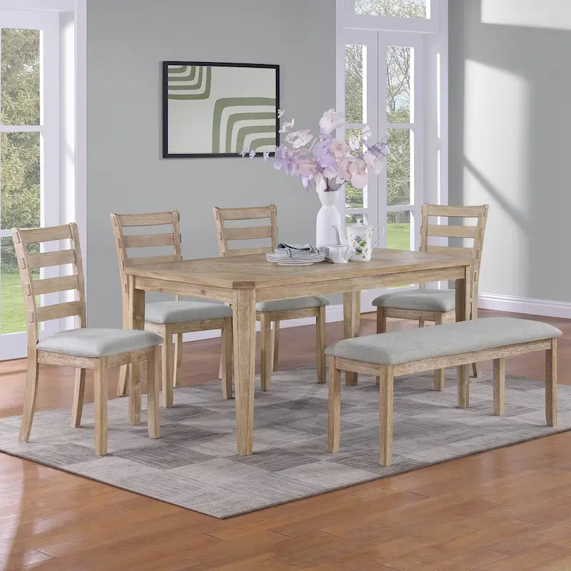 Ensemble de salle à manger minimaliste 6 pièces en chêne de 60" (1 table de salle à manger + 4 chaises rembourrées + 1 banc)
