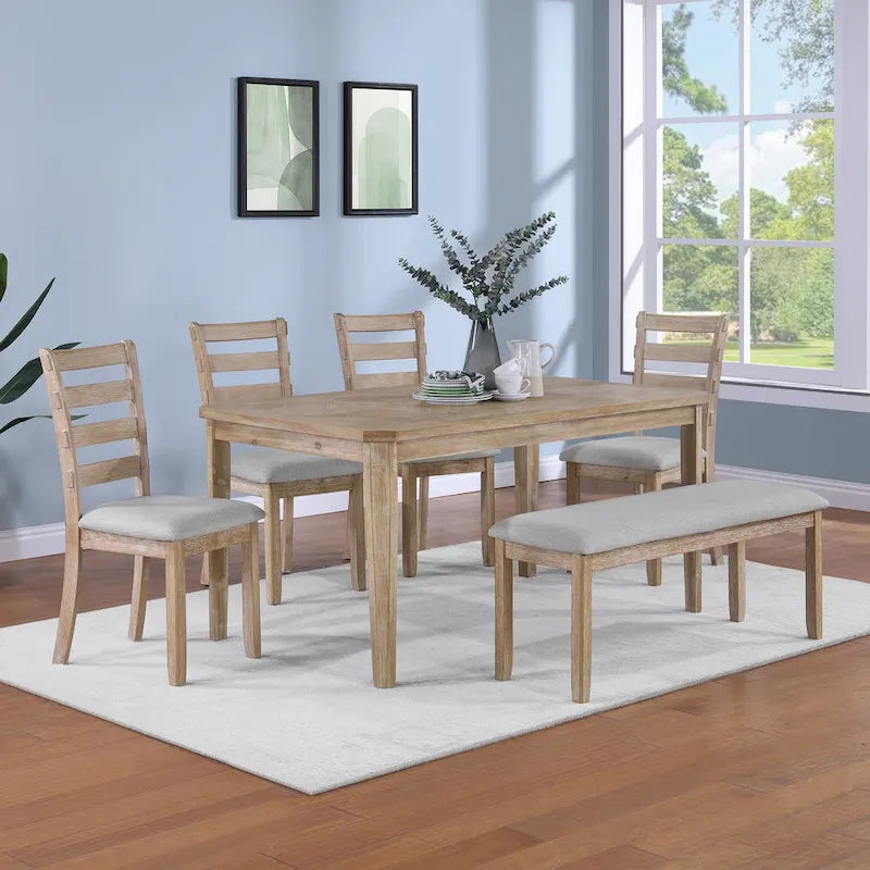 Ensemble de salle à manger minimaliste 6 pièces en chêne de 60" (1 table de salle à manger + 4 chaises rembourrées + 1 banc)