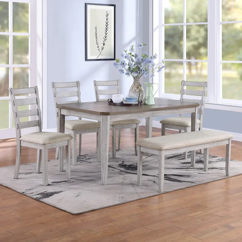 Ensemble de salle à manger minimaliste 6 pièces en chêne de 60" (1 table de salle à manger + 4 chaises rembourrées + 1 banc)