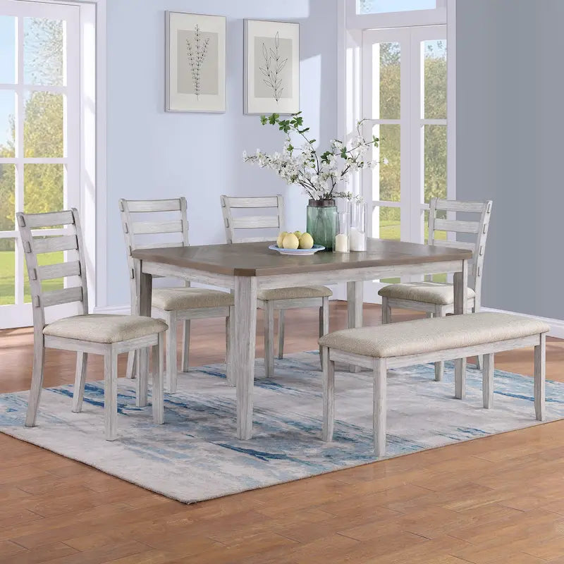 Ensemble de salle à manger minimaliste 6 pièces en chêne de 60" (1 table de salle à manger + 4 chaises rembourrées + 1 banc)