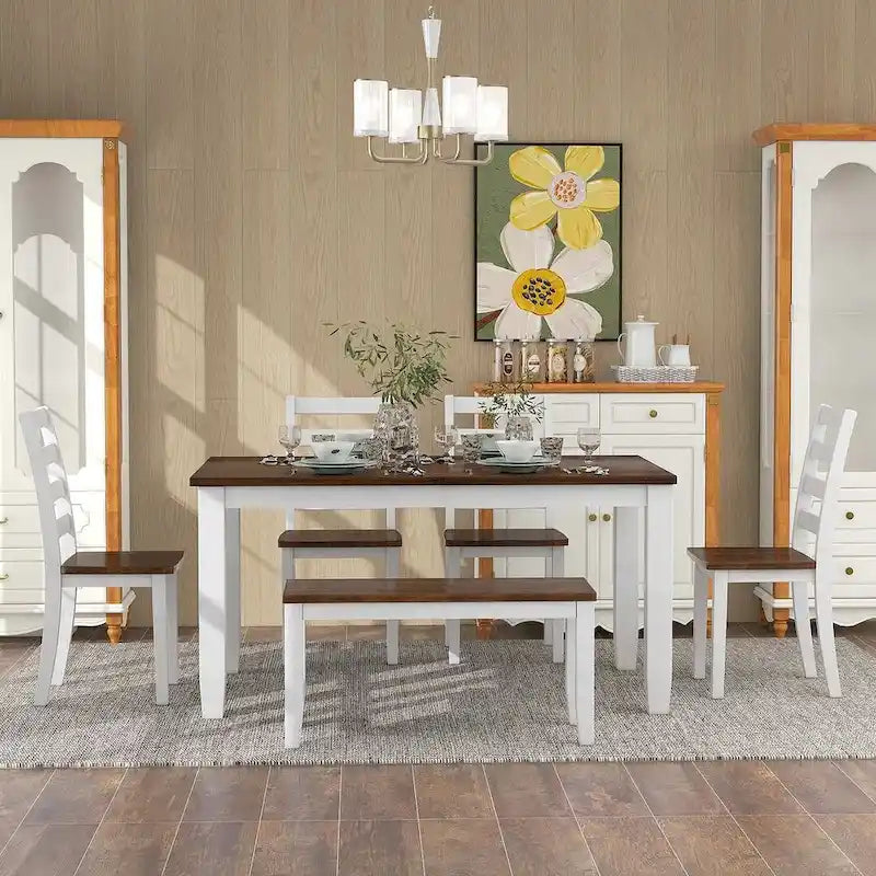 Table de salle à manger rectangulaire 60" style campagnard avec 4 chaises rembourrées et un banc