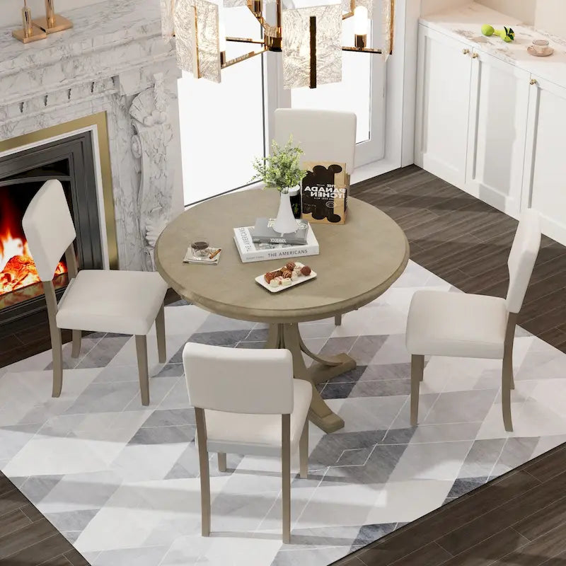 Ensemble de salle à manger 5 pièces avec table ronde, pieds de table incurvés de style tréteau et 4 chaises