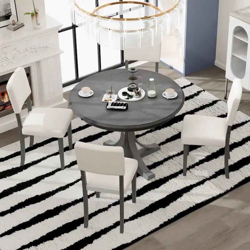 Ensemble de salle à manger 5 pièces avec table ronde, pieds de table incurvés de style tréteau et 4 chaises
