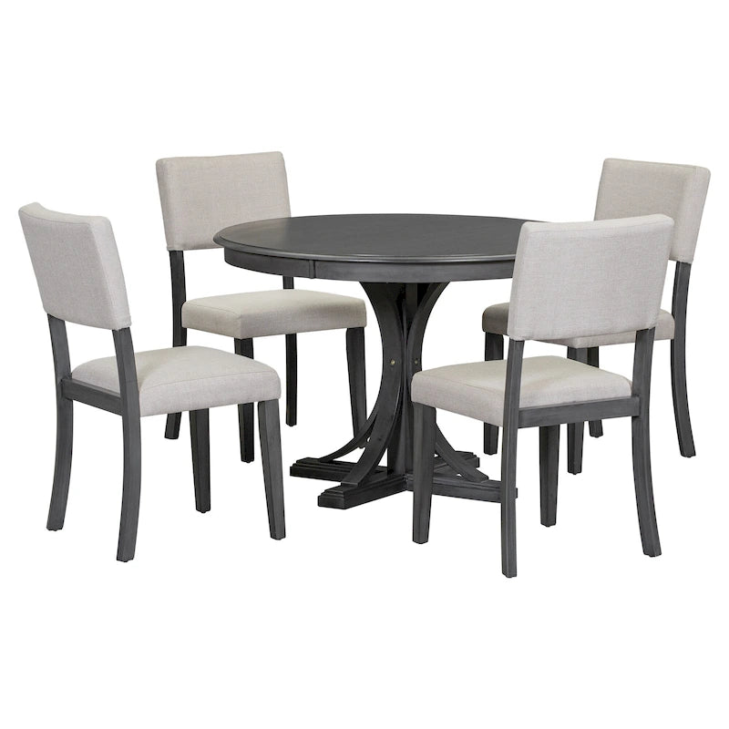 Ensemble de salle à manger 5 pièces avec table ronde, pieds de table incurvés de style tréteau et 4 chaises
