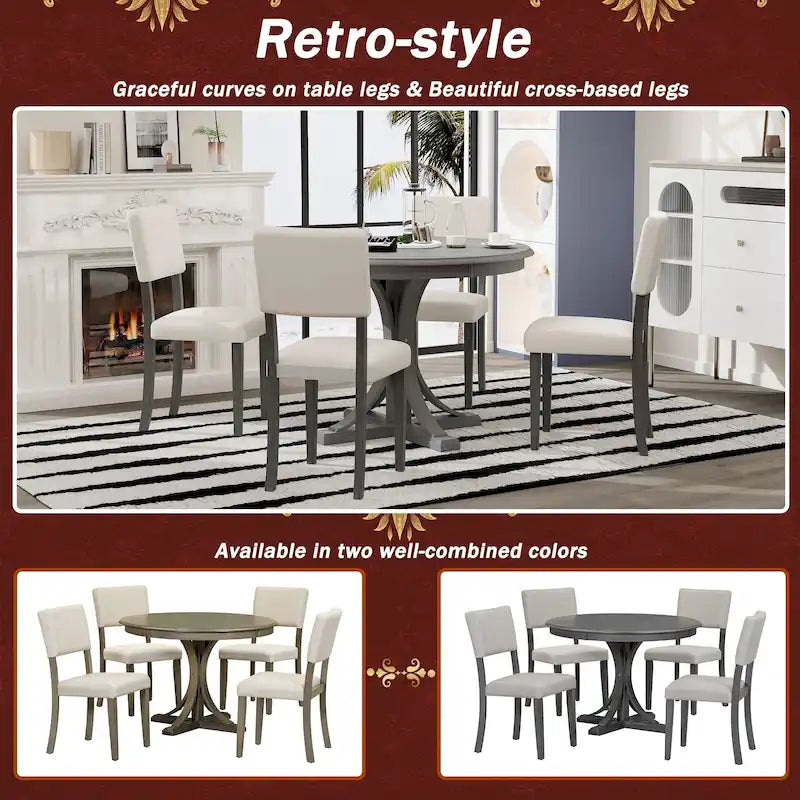 Ensemble de salle à manger 5 pièces avec table ronde, pieds de table incurvés de style tréteau et 4 chaises