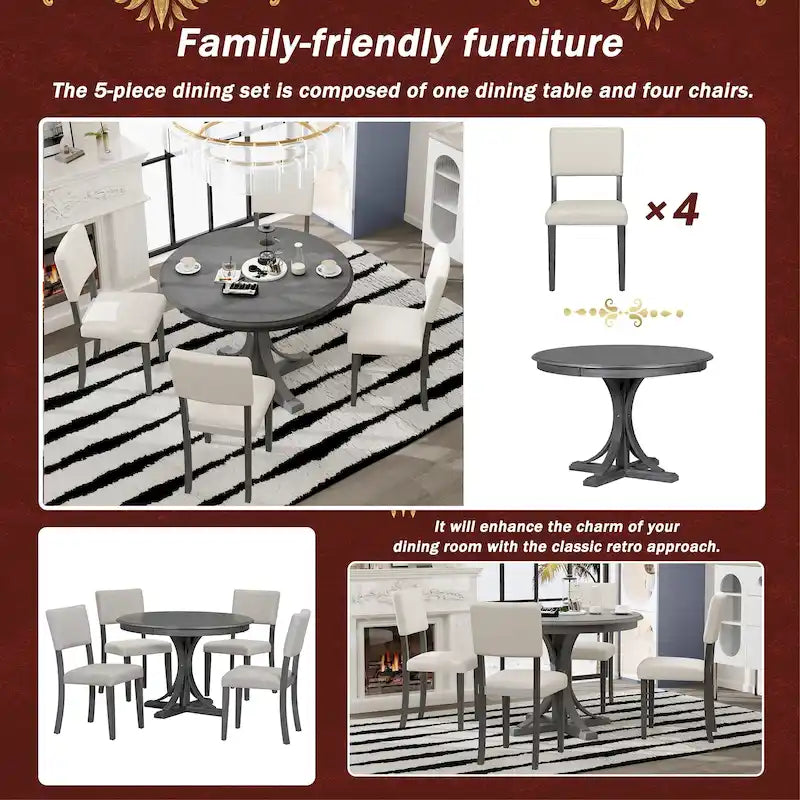 Ensemble de salle à manger 5 pièces avec table ronde, pieds de table incurvés de style tréteau et 4 chaises