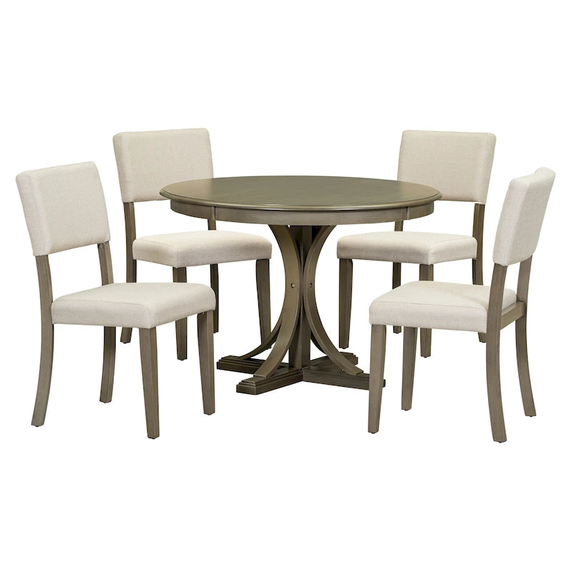 Ensemble de salle à manger 5 pièces avec table ronde, pieds de table incurvés de style tréteau et 4 chaises