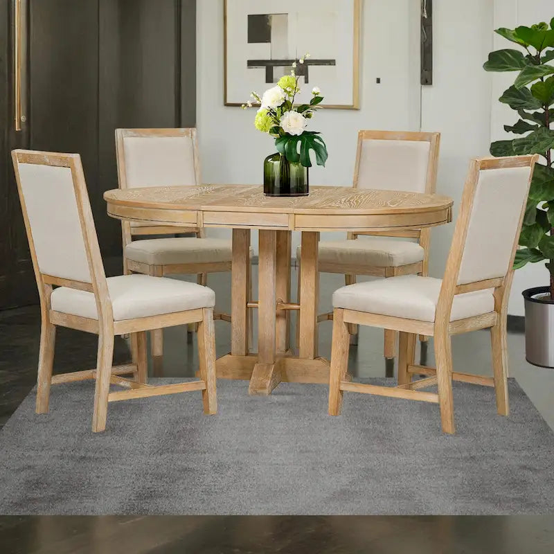 Ensemble de salle à manger 5 pièces, table ronde extensible et 4 chaises rembourrées, ensemble de salle à manger style ferme pour cuisine, salle à manger